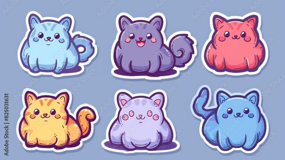 Stylish and cute cats friendship set with flat colors. Collection of funny cute cats or fluffy kittens cartoon character. Illustration for stickers or prints. Stylish and cute cats friendship set with flat colors. Collection of funny cute cats or fluffy kittens cartoon character. Illustration for stickers or prints.