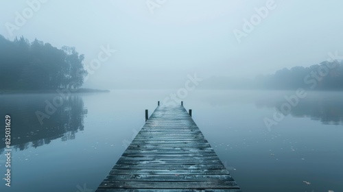 A solitary wooden pier extending into a calm lake, with no one around and soft light creating a peaceful, open feeling. photo