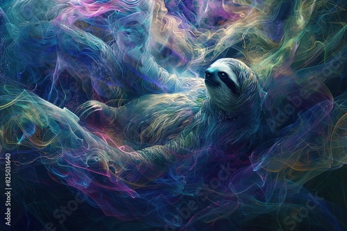 An ethereal scene featuring abstract sloths in a spectral symphony, their slow and deliberate movements creating a serene and mystical atmosphere