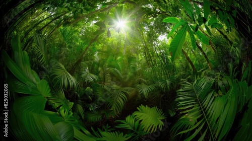 Lush green tropical rainforest with dense foliage and sunlight filtering through the canopy, creating a serene natural atmosphere.