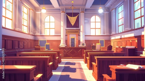 The interior of a modern courthouse consists of an empty courtroom with a judge's and secretary's workplaces and jury boxes for seating. Justice and jurisprudence concepts are horizontally laid out.