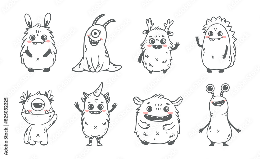 set of cartoon monsters. Cute monsters in doodle style. Kids funny character design for posters, cards, magazins. Line. 