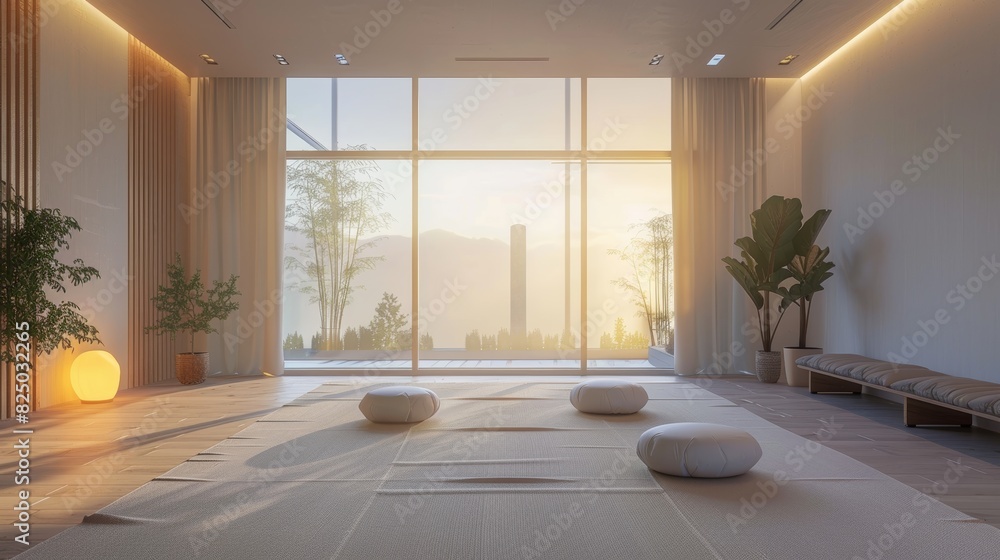 A tranquil yoga studio with soft lighting, calming music, and minimalist decor, offering a peaceful space for relaxation and meditation. A tranquil yoga studio with soft lighting, calming music, and minimalist decor, offering a peaceful space for relaxation and meditation.