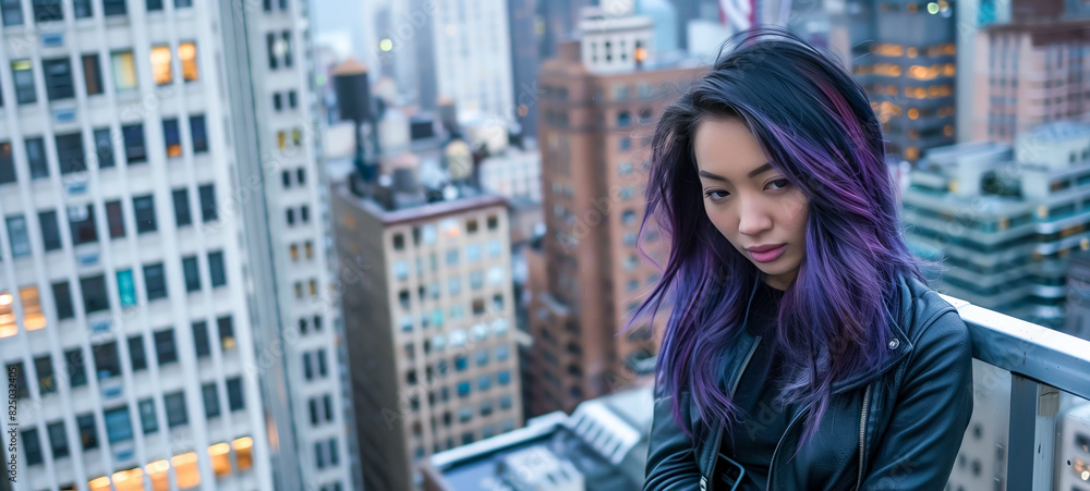 Stylish young woman with purple hair on city rooftop