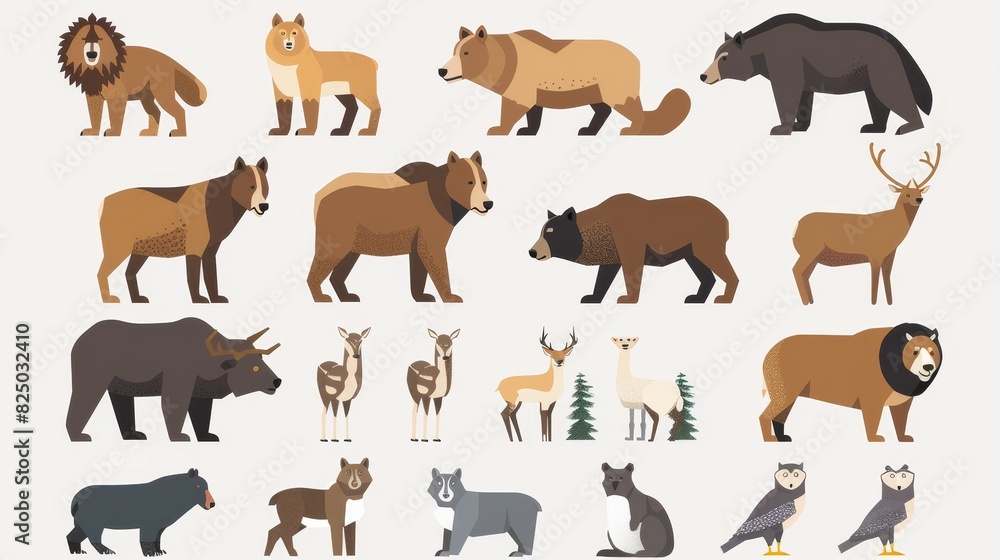 An isolated set of North American animals on a white background. Modern illustration. An isolated set of North American animals on a white background. Modern illustration.
