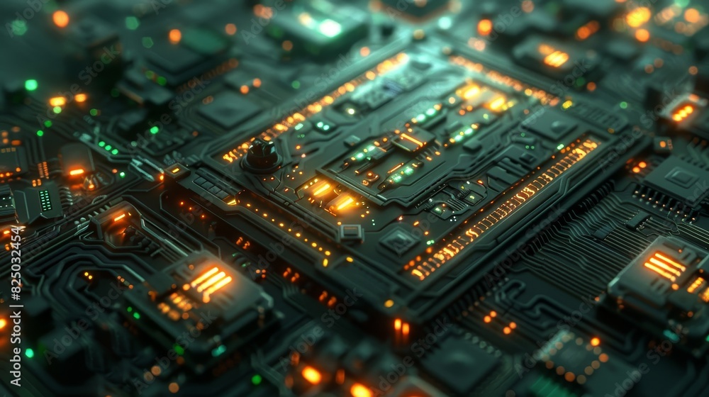 Fototapeta premium Futuristic digital technology background with metallic textures and glowing elements.