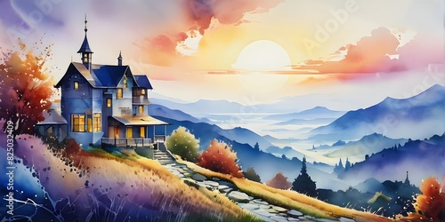 atmospheric watercolor illustration showcasing a charming house balancing on a hilly scenery photo