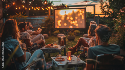 Friends Relaxing on Cozy Patio Watching Sunset Movie
