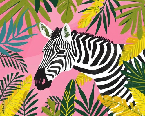 Tropical safari adventure zebra among lush plants and leaves on vibrant pink and yellow background