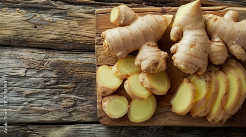 Whole and sliced ginger arranged on a wooden board, resting on a rough wooden table photo