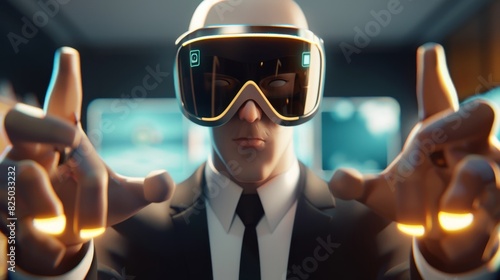 Businessman Billy using virtual reality glasses and a touchscreen interface. photo