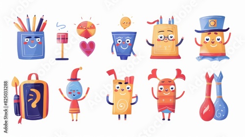 School cartoon images. Student stationery mascots with smiling faces, flat cut collection of funny educational supplies. Modern illustration set of colorful school supplies.