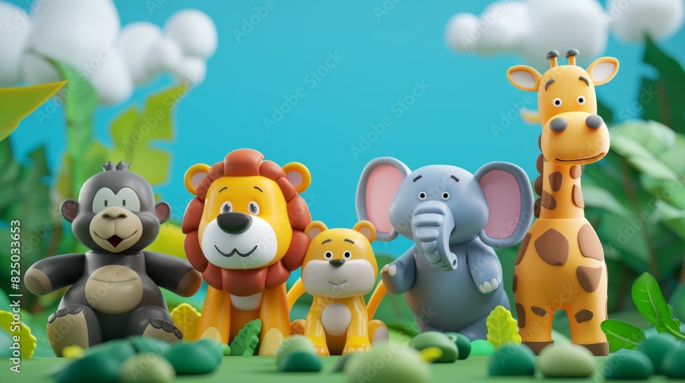 A 3D rendering of cartoon zoo animals: elephant, monkey, lion, giraffe, and bear. A 3D rendering of cartoon zoo animals: elephant, monkey, lion, giraffe, and bear.