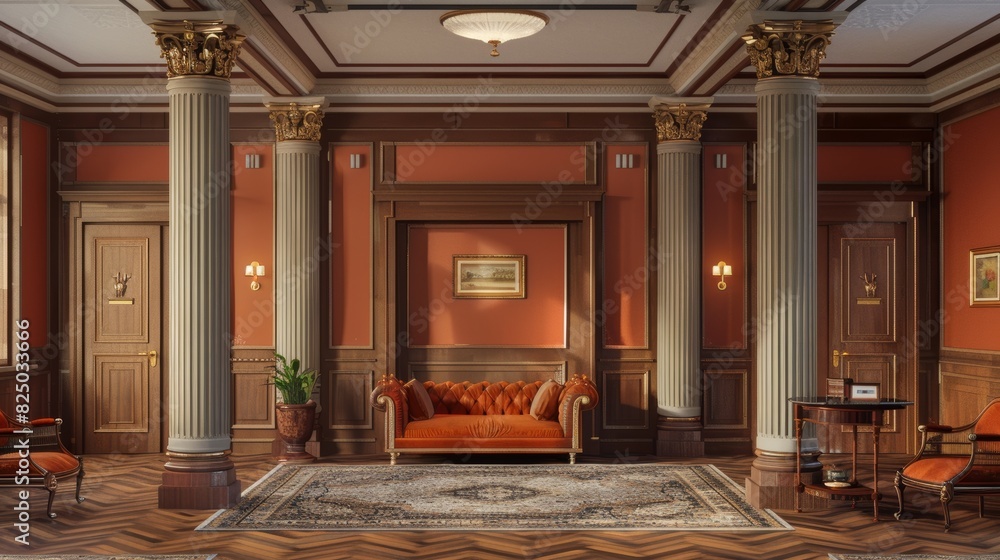 An interior with doors and columns of a vintage living room. An interior with doors and columns of a vintage living room.