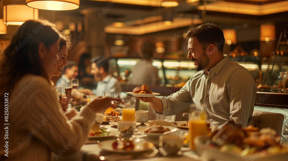 Family Breakfast at Elegant Hotel Restaurant: Happy Man Feeding Wife in Warm Atmosphere Family Breakfast at Elegant Hotel Restaurant: Happy Man Feeding Wife in Warm Atmosphere