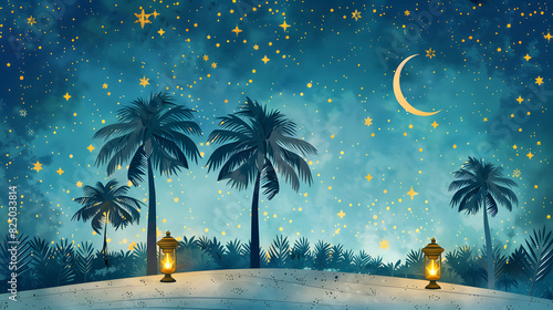 Islamic Greetings card banner featuring crescent moon, stars, palm trees and lantern. photo
