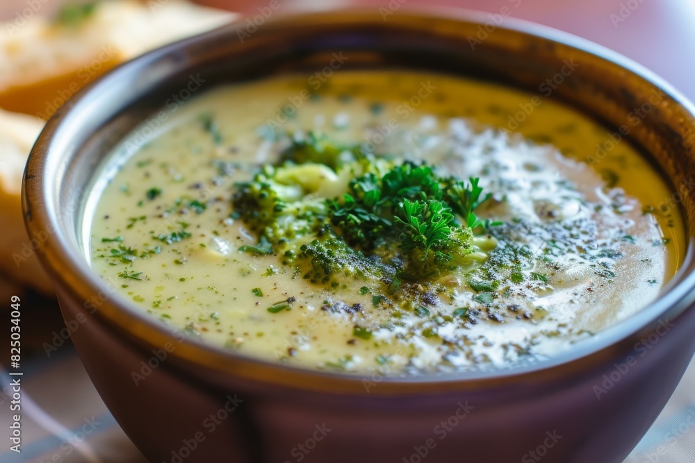 Close-up of a delicious creamy broccoli soup garnished with herbs, served with bread Close-up of a delicious creamy broccoli soup garnished with herbs, served with bread
