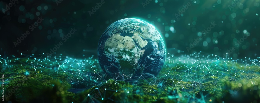 A mesmerizing image of planet Earth surrounded by a glowing green energy field, symbolizing nature, life, and environmental sustainability.