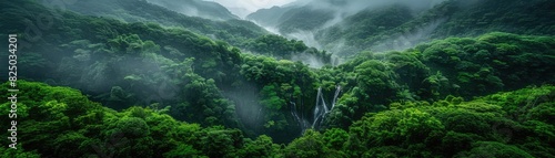 Breathtaking view of a misty forest with lush greenery and cascading waterfall nestled in the mountains  showcasing nature s serenity and beauty.