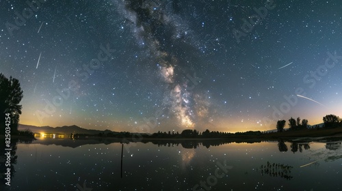 a night sky with many stars, a few meteors, and a large body of water in the foreground reflecting the sky.