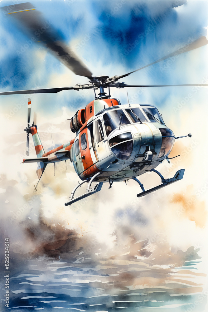 Helicopter flying through the sky with clouds below it and person standing on the ground below. Helicopter flying through the sky with clouds below it and person standing on the ground below.