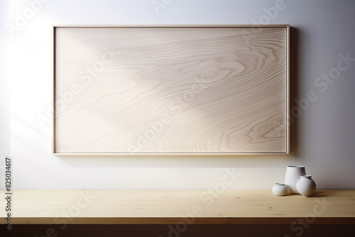 Wooden frame hanging on wall above table with vase.