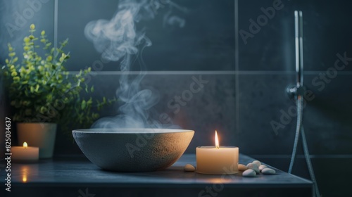 Tranquil bathroom with a burning scented candle and subtle steam, dark background