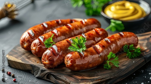 Traditional boiled sausages on a rustic board, garnished with parsley and served with mustard, grey background