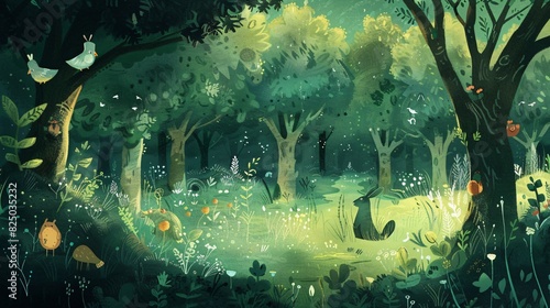 A fox sits in a sunlit forest clearing surrounded by birds and other small woodl and creatures. photo
