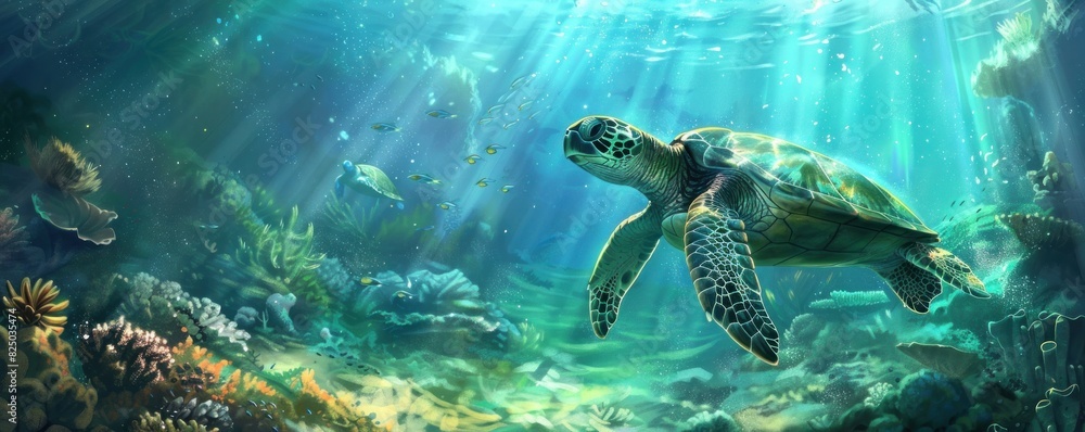 Naklejka premium Illustration of a serene underwater scene with a sea turtle swimming