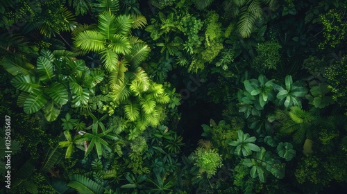A lush  dense canopy of tropical rainforest foliage viewed from above  showcasing the vibrant green leaves and natural beauty of the jungle ecosystem.