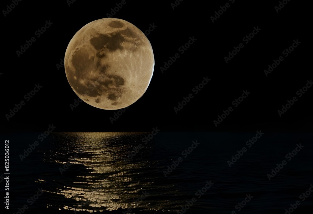Glowy Moon Reflecting On The Dark Surface Of The Calm Ocean Marine, A Bright Glowy Moon Reflecting On The Dark Surface Of The Calm Ocean, Generative AI