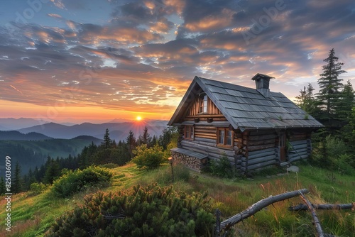 serene mountain cabin at sunrise with majestic nature views landscape photography #825036099