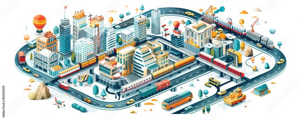 Fototapeta premium Colorful isometric cityscape with bustling transportation and modern buildings, featuring trains, cars, and hot air balloons in a livley urban setting.