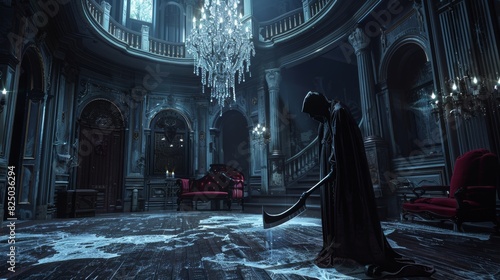 Hooded Skeleton in Ornate Gothic Hallway
 photo