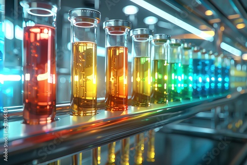 Colorful chemically colored liquid in test tubes on shelf, in a laboratory background, a futuristic concept of science and technology innovation, rendered in the style of octane.