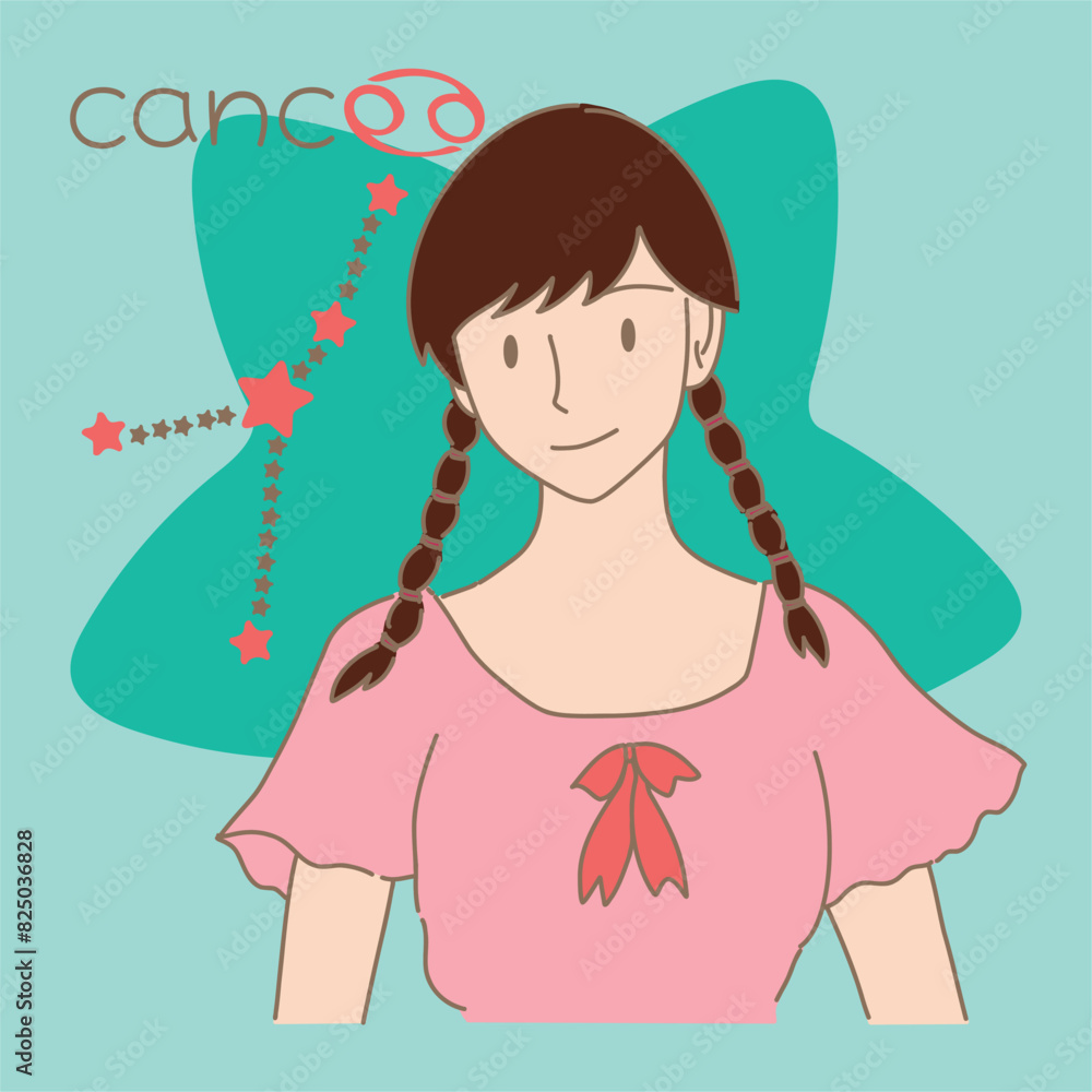 Woman with double braids hair. Cancer zodiac, astrological sign, constellation, word and star. Hand drawn flat cartoon character vector illustration. Woman with double braids hair. Cancer zodiac, astrological sign, constellation, word and star. Hand drawn flat cartoon character vector illustration.