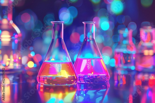 Colorful laboratory glass beakers with colorful liquid inside on the table in a futuristic science lab. Cinematic lighting and bright, vibrant colors create a hyper-realistic style.