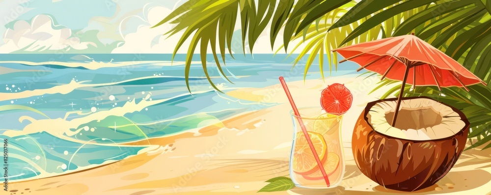 Illustration of a tropical drink in a coconut with a straw and umbrella, set against a beach background