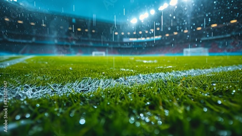 Intense Rainfall at Soccer Stadium: Ground Level Shot