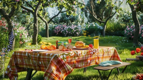 "Happy Summer Picnic: Isometric 3D Illustration of Burgers, Fruits, and Juice on a Checkered Tablecloth - 4K Wallpaper"