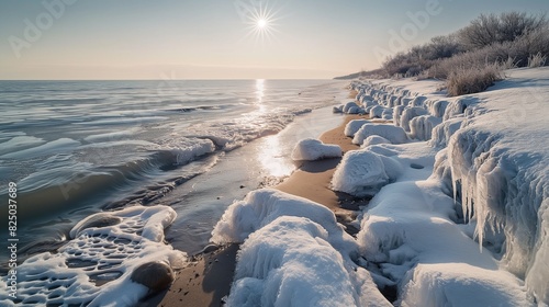A frozen beach landscape in winter, the sand and rocks covered with snow, ice formations along the watera??s edge under a pale winter sun. photo