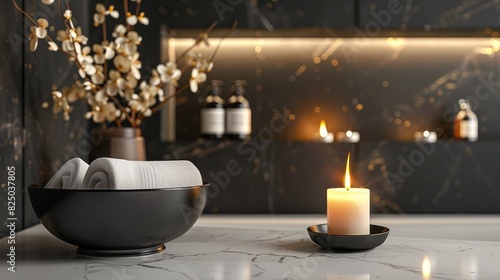 Scented candle, burning candle in an elegant bathroom with marble accents, dark background