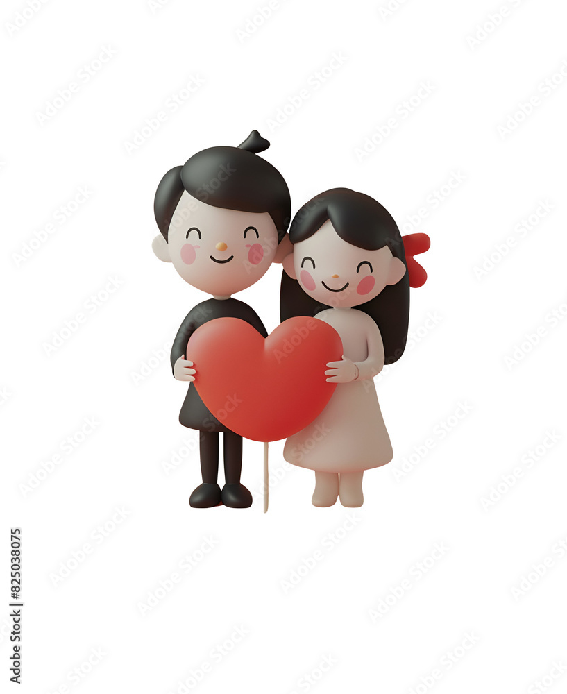 Cute happy couple in love with a big heart, 3D render illustration chibi cartoon, Isolated on Transparent Background, PNG Cute happy couple in love with a big heart, 3D render illustration chibi cartoon, Isolated on Transparent Background, PNG