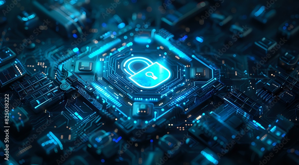 Glowing digital lock icon on a circuit board, symbolizing cybersecurity and data protection. Ideal for tech backgrounds, cybersecurity themes, and digital security presentations. Glowing digital lock icon on a circuit board, symbolizing cybersecurity and data protection. Ideal for tech backgrounds, cybersecurity themes, and digital security presentations.