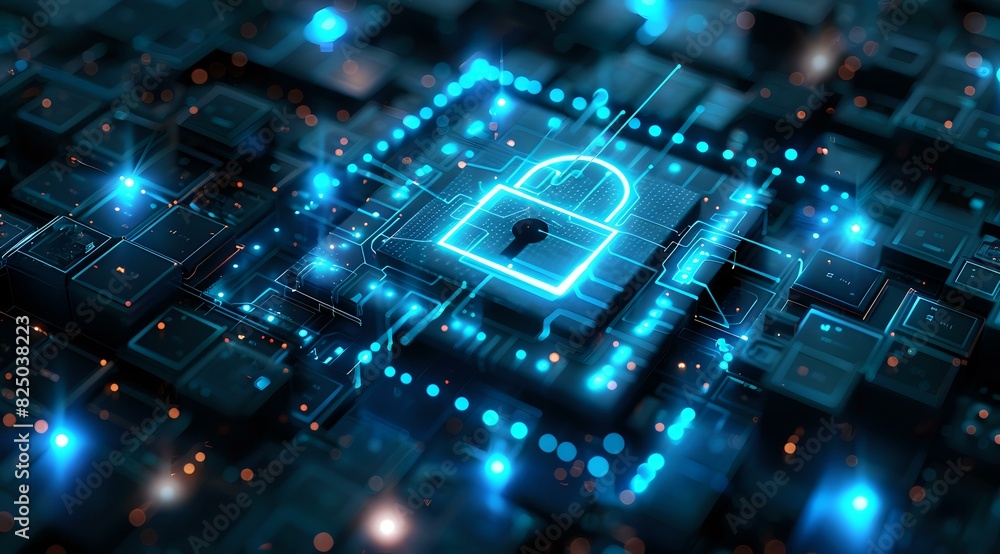 Glowing digital padlock on a circuit board, representing cybersecurity and data protection. Ideal for tech backgrounds, cybersecurity themes, and digital security presentations. Glowing digital padlock on a circuit board, representing cybersecurity and data protection. Ideal for tech backgrounds, cybersecurity themes, and digital security presentations.