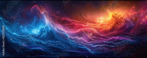 Vibrant cosmic artwork depicting a mesmerizing clash of blue and orange nebula clouds in space, illuminated by twinkling stars. photo