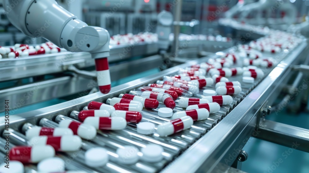 Fototapeta premium Pills traveling on a conveyor in a pharmaceutical manufacturing plant, robotic arms managing the flow