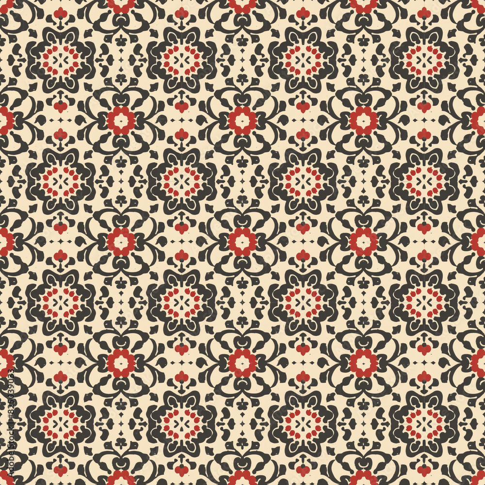Ornamental floral pattern with red and black motifs on beige background Ornamental floral pattern with red and black motifs on beige background