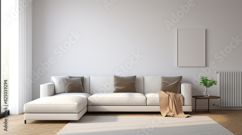 A minimalist living room in shades of white and light gray, featuring a low-profile white sectional sofa and a blank white frame mockup leaning against the wall.